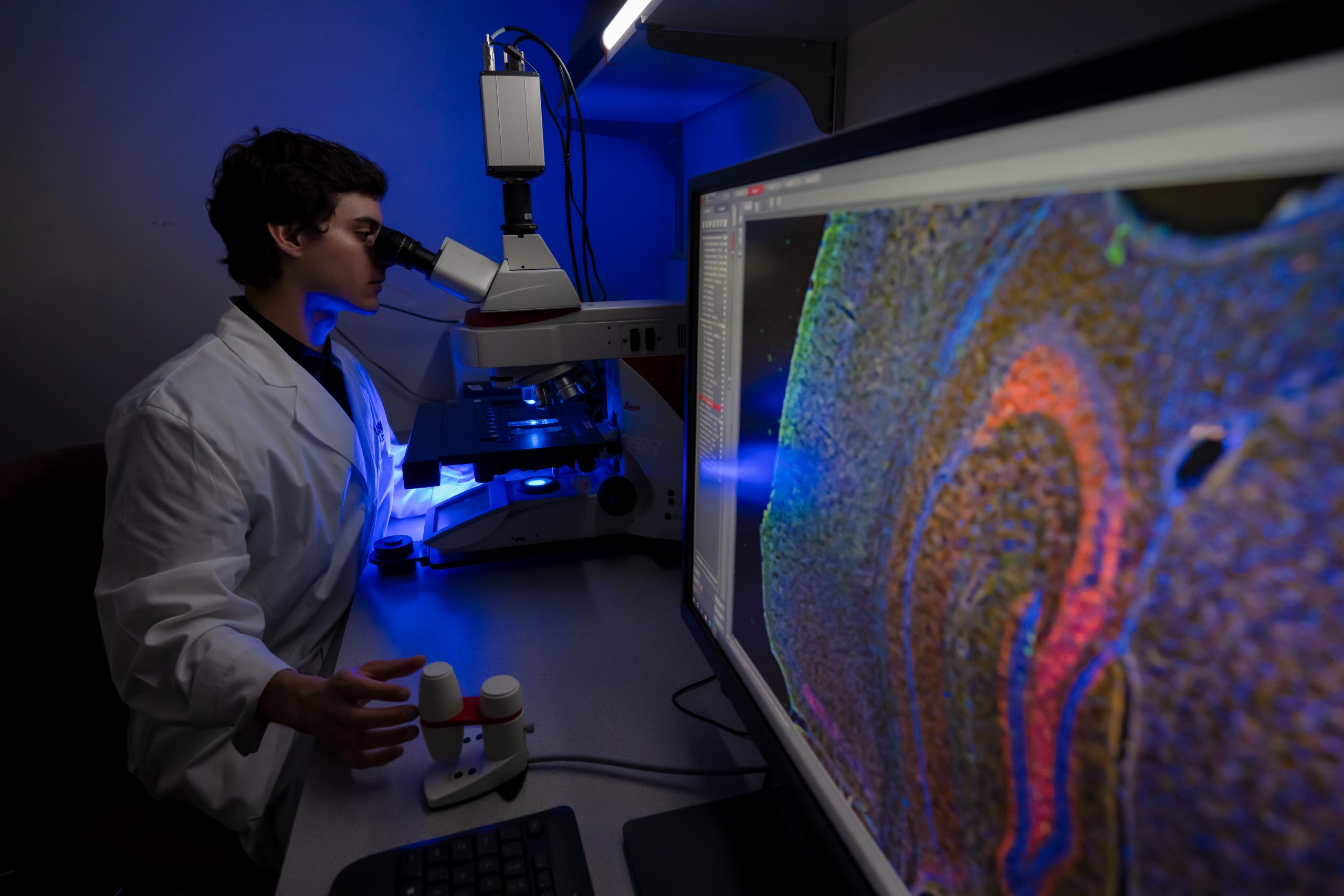 Graduate student looks through a microscope in the Martinelli Laboratory in the Department of Neuroscience at UConn Health
