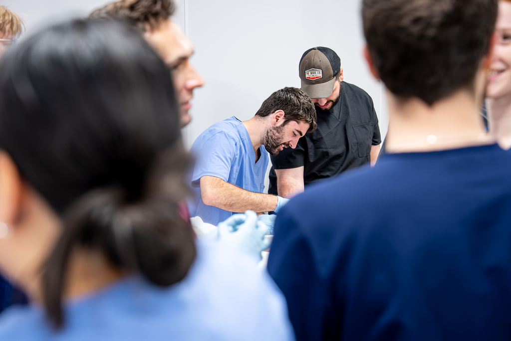 Jeffrey Kinsella-Shaw teaches students in the Doctor of Physical Therapy (DPT) program in the Department of Kinesiology (KINS) in the College of Agriculture, Health and Natural Resources (CAHNR) about human anatomy, physiology, biomechanics, and pathology through cadaver dissection in the Human Anatomy Learning Laboratory (HALL) in the Kinesiology Building (KB). July 21, 2025. (Jason Sheldon/UConn Photo)